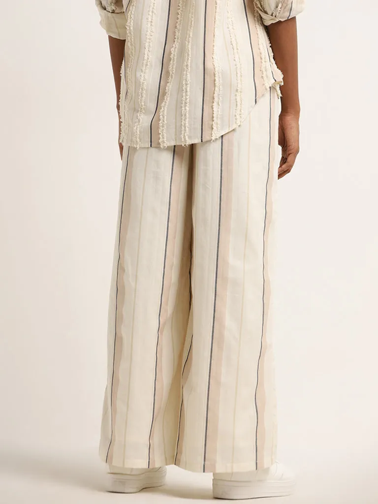 LOV Off-White Stripe Printed Mid Rise Flared Pants