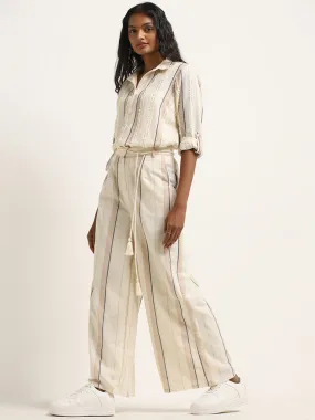 LOV Off-White Stripe Printed Mid Rise Flared Pants