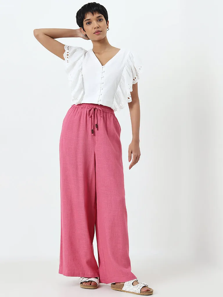 LOV Pink Solid High-Rise Blended Linen Pants