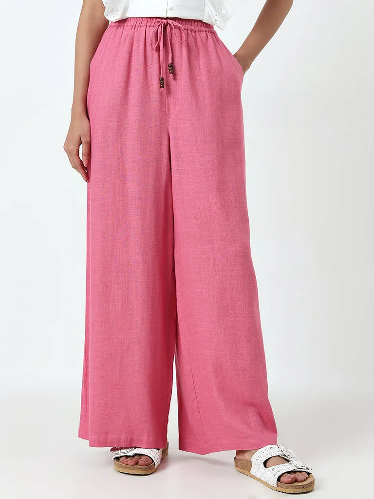 LOV Pink Solid High-Rise Blended Linen Pants