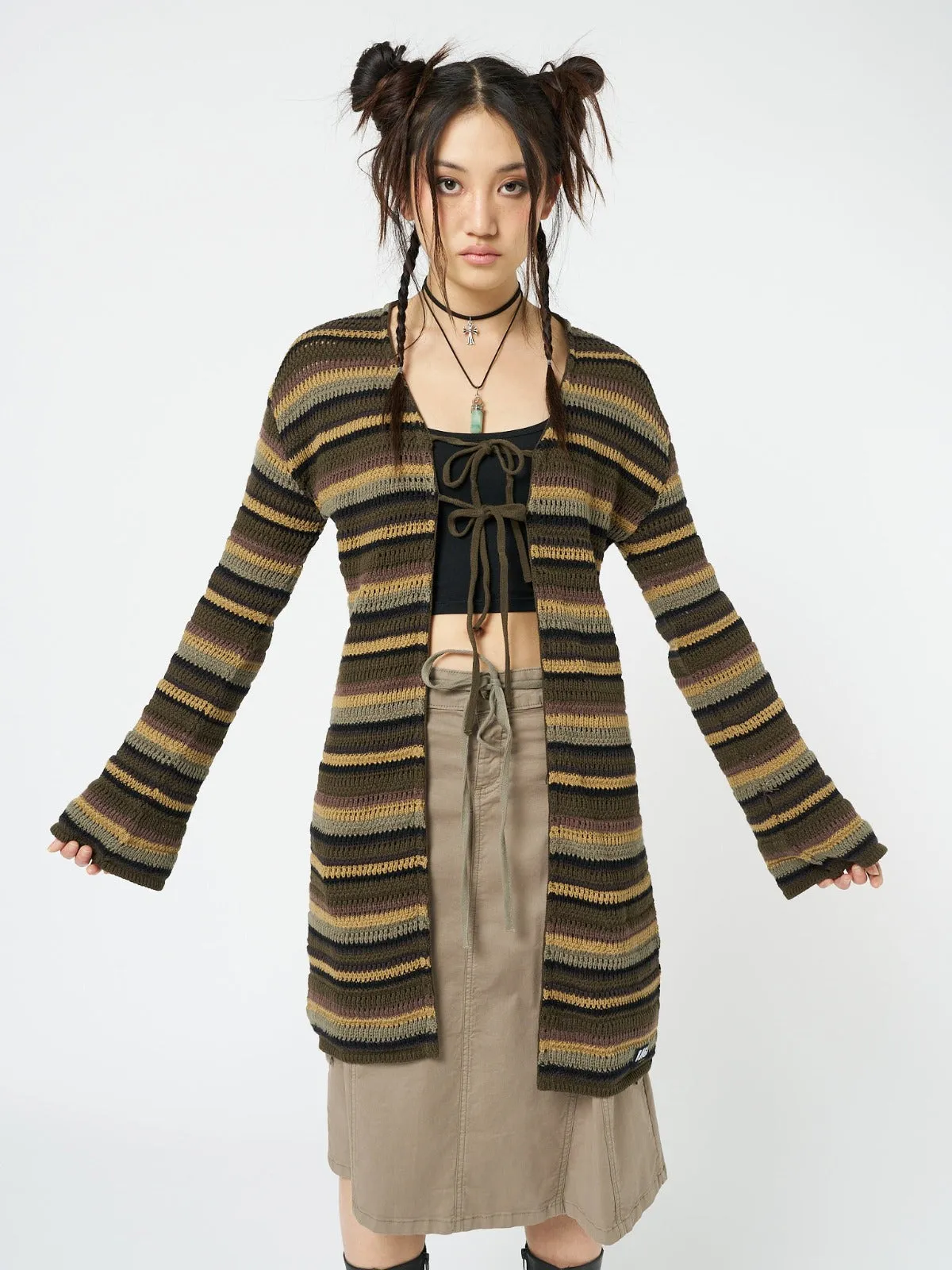 Luna Forest Stripes Tie Front Knit Cardigan