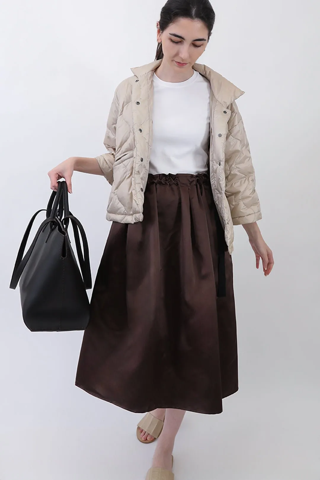 MAEVE MIDLENGTH DRAWSTRING SKIRT IN SILK SATIN CHOCOLATE