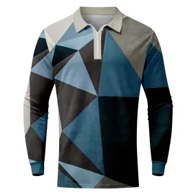 Male Geometry Print Long Sleeve Casual Polo Shirt