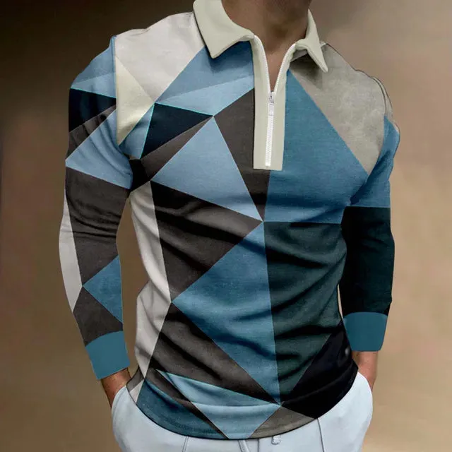 Male Geometry Print Long Sleeve Casual Polo Shirt