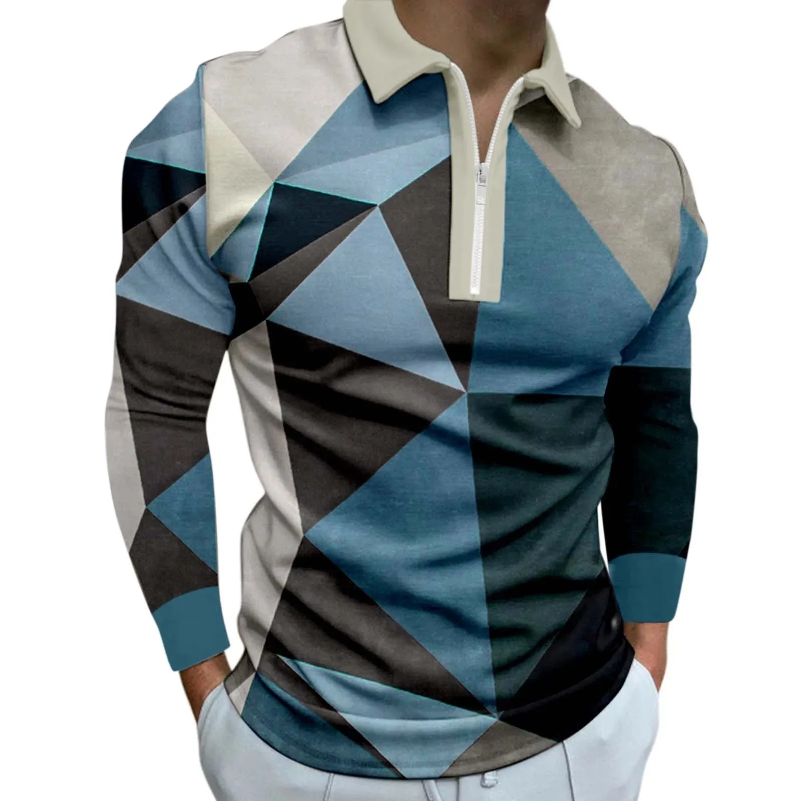 Male Geometry Print Long Sleeve Casual Polo Shirt