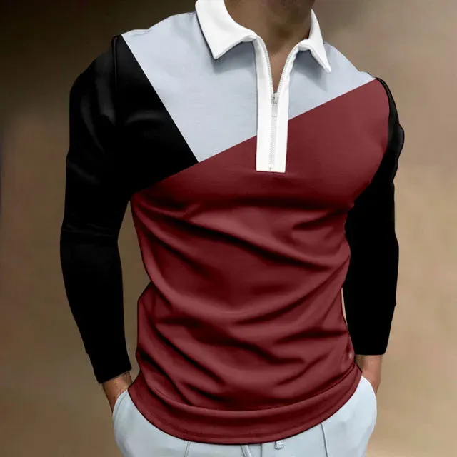 Male Geometry Print Long Sleeve Casual Polo Shirt