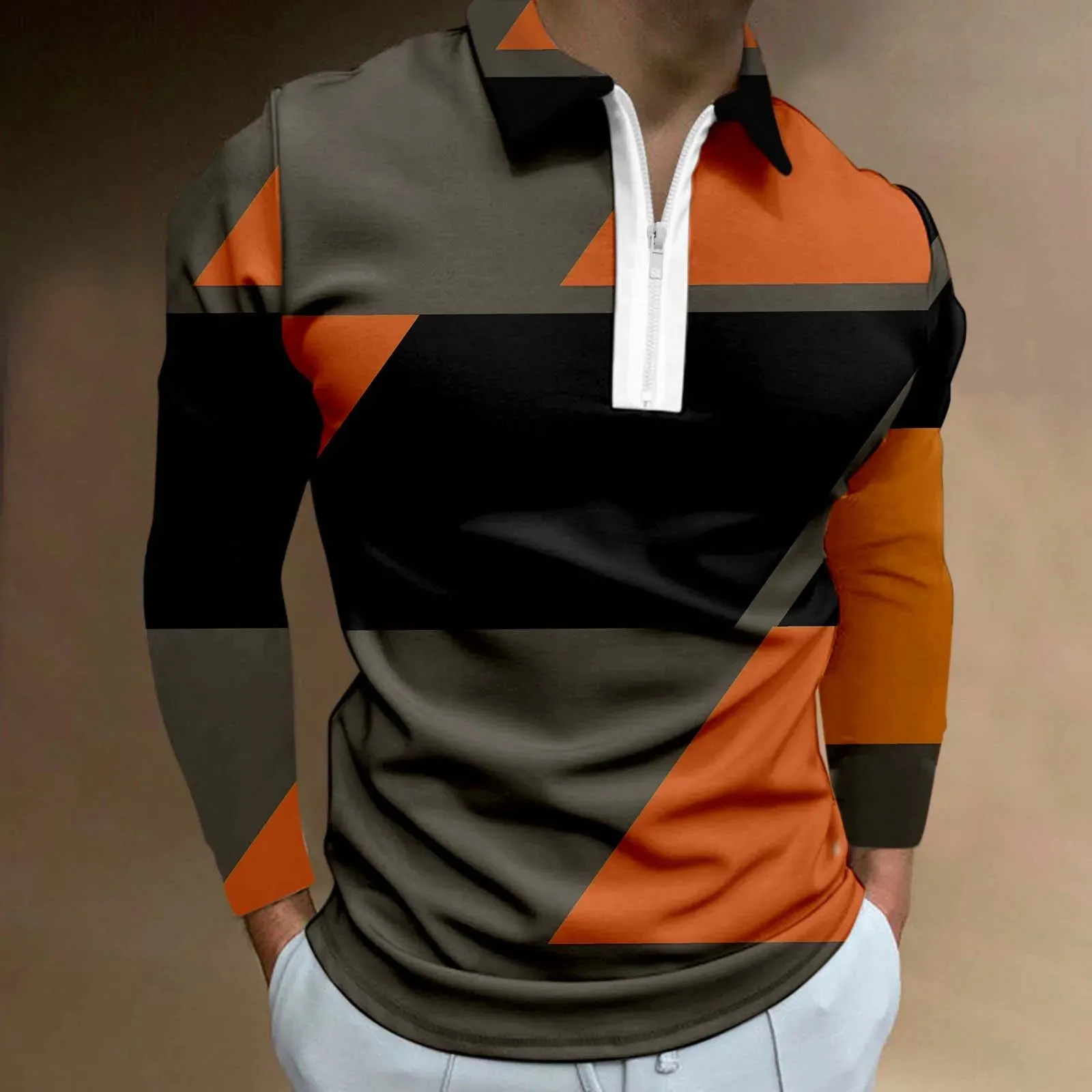 Male Geometry Print Long Sleeve Casual Polo Shirt