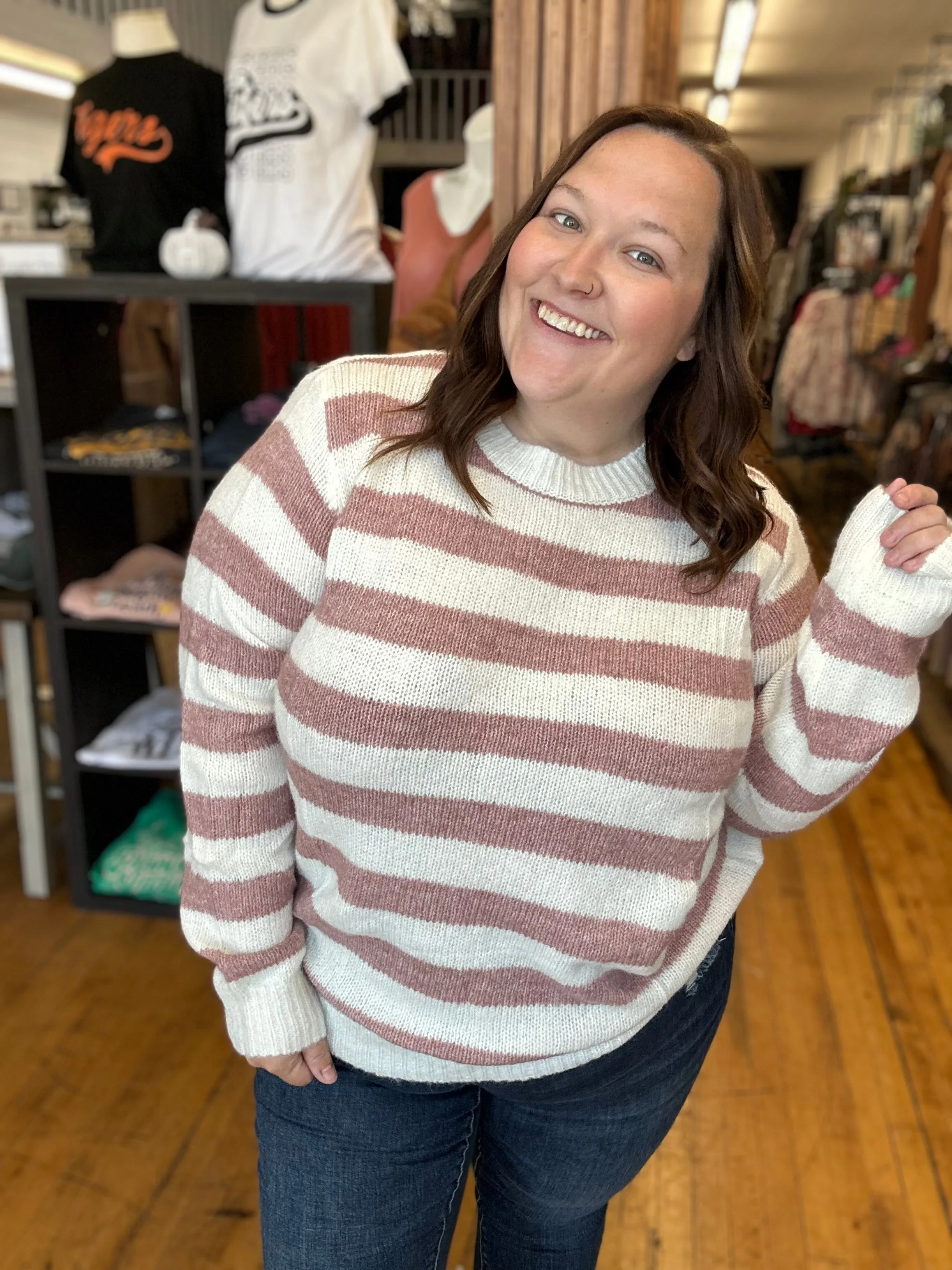 Mauve Striped Colorblock Long Sleeve Casual Sweater - Plus