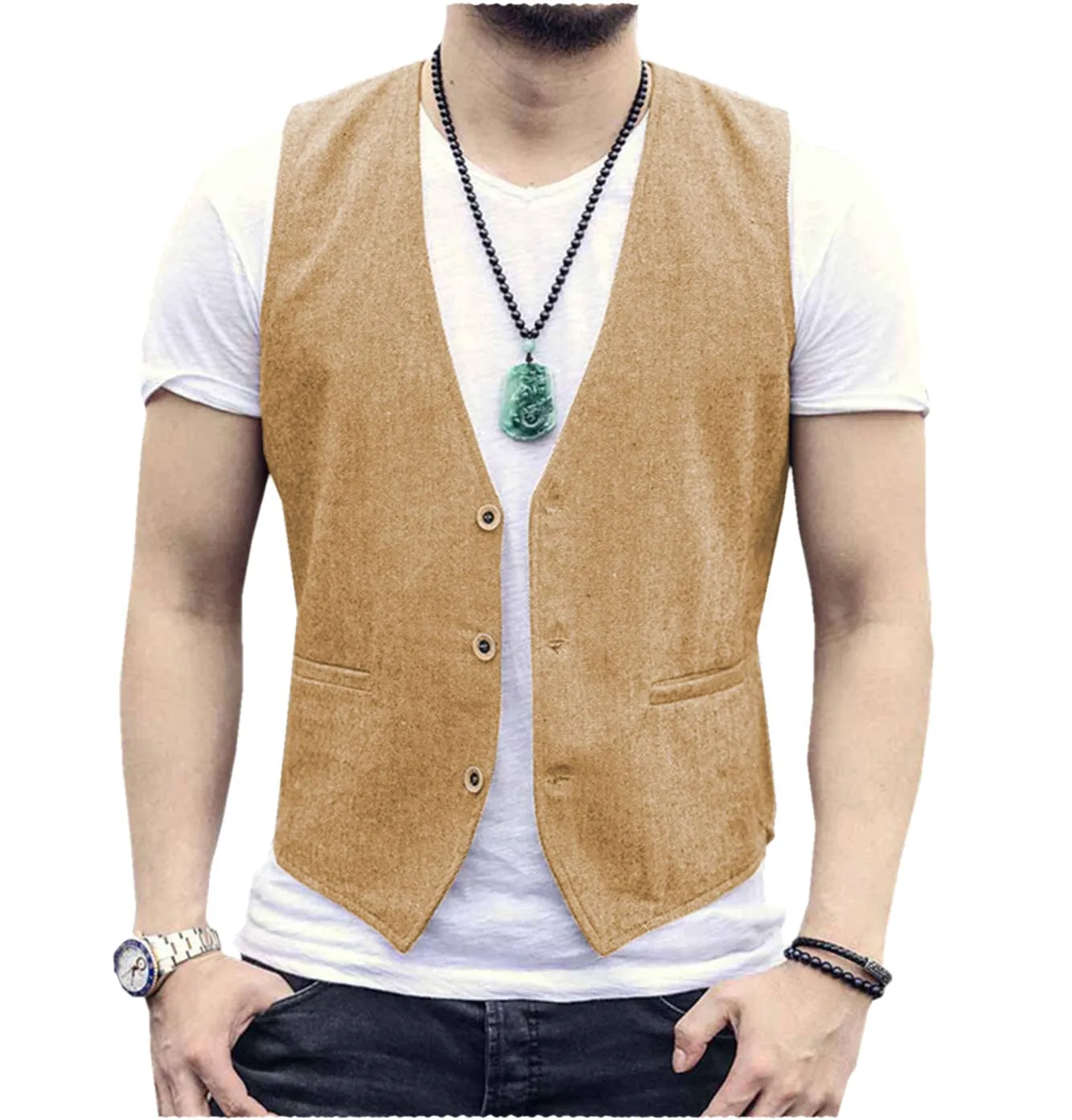 Men's Linen V Neck Casual Summer Waistcoat