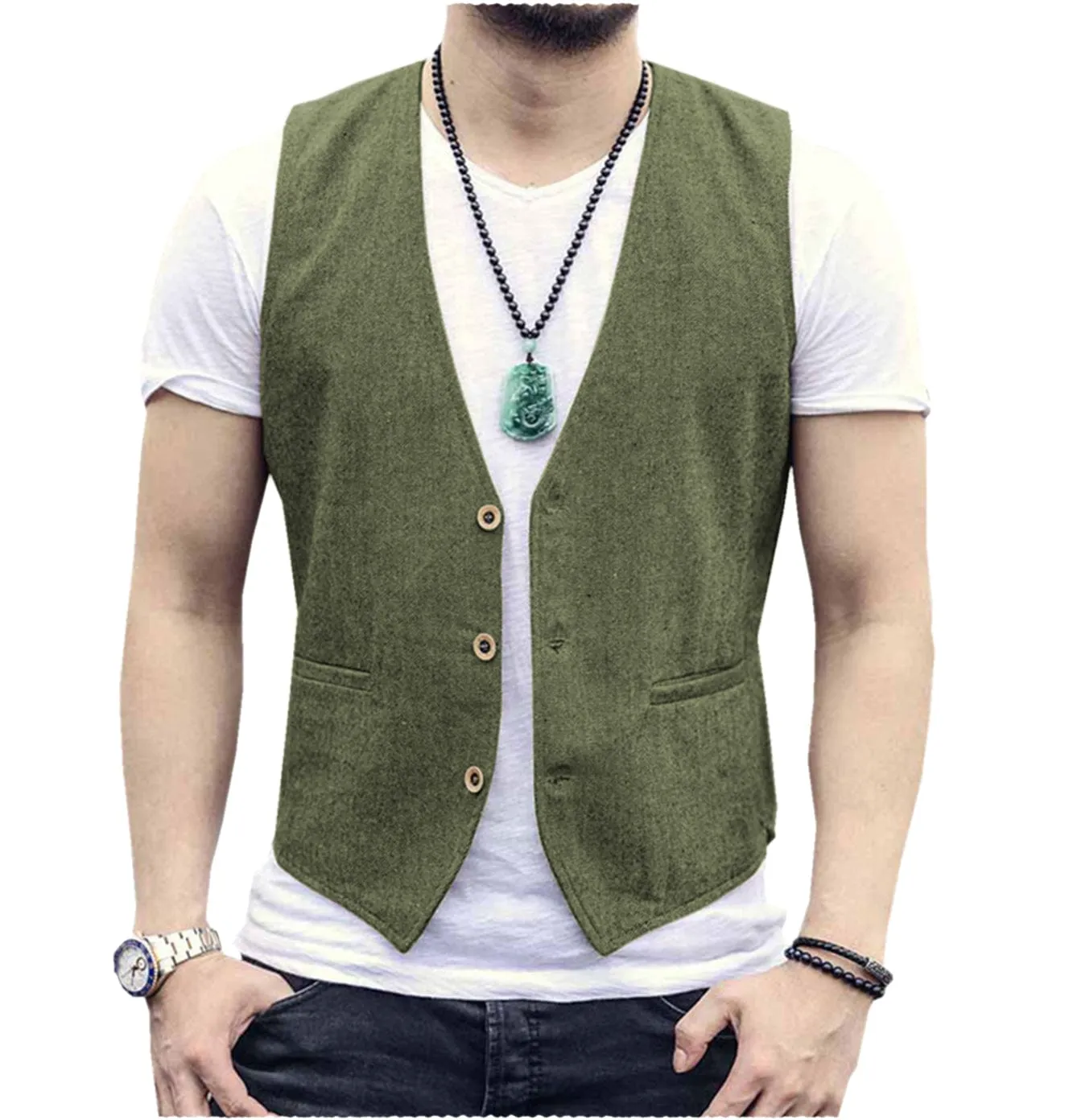 Men's Linen V Neck Casual Summer Waistcoat