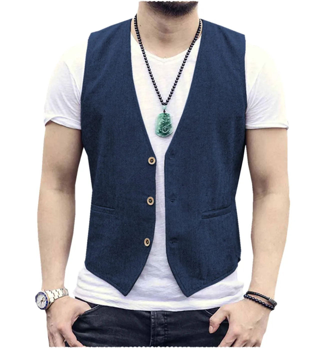 Men's Linen V Neck Casual Summer Waistcoat