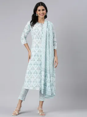 Neerus Blue Regular Straight Printed Kurta and Trousers With Dupatta