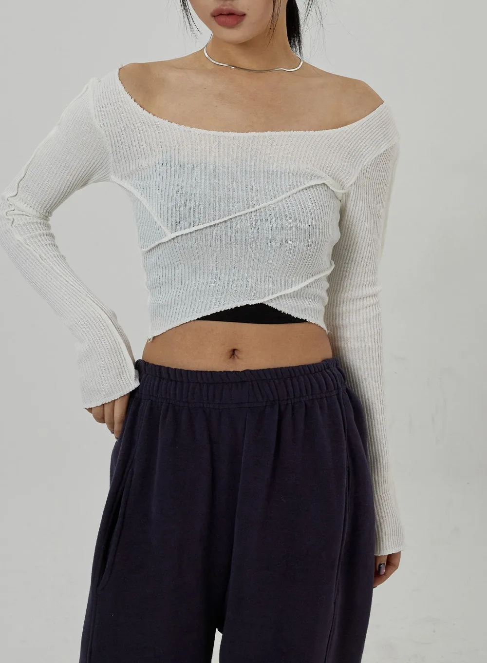 Off-Shoulder Mesh Cropped Top CD20