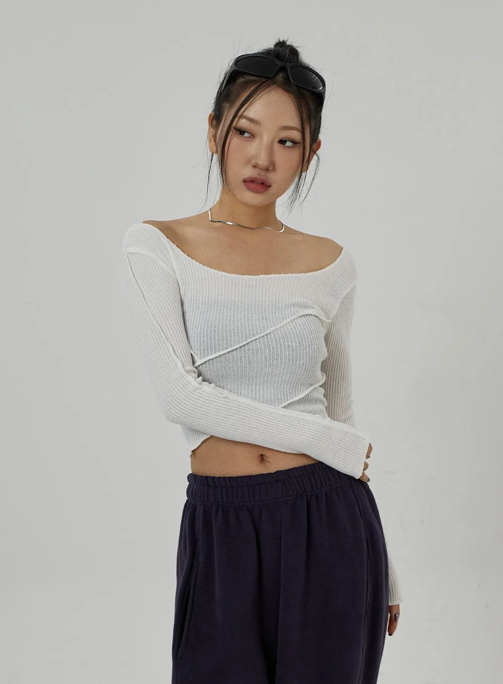 Off-Shoulder Mesh Cropped Top CD20