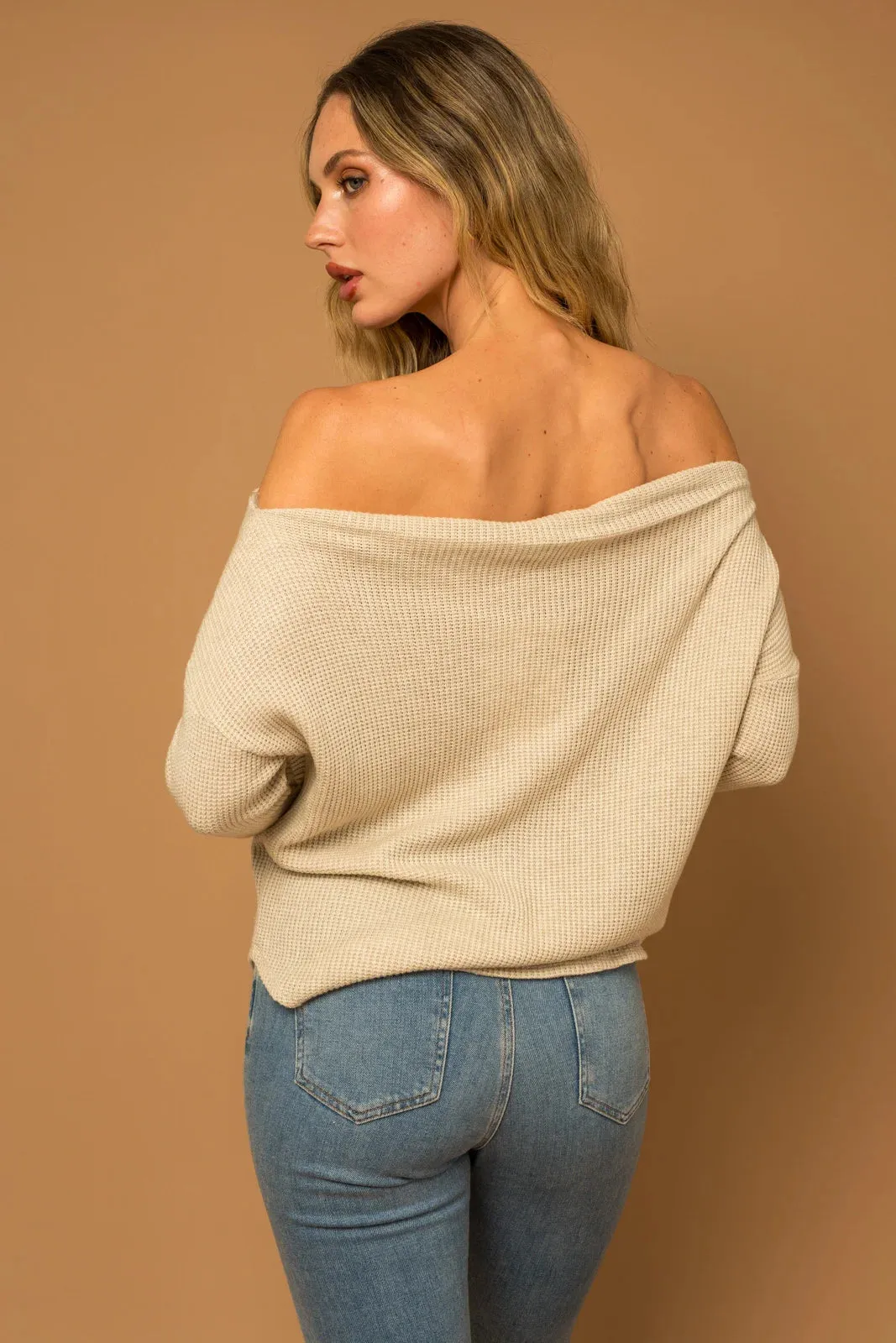 Off The Shoulder Waffle Knit Long Sleeve Top