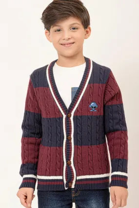 One Friday Kids Boys  Blue & Burgundy Stripes Cardigan