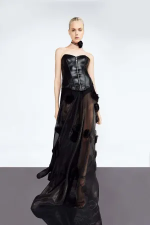 Organza Black Silk Skirt with Giant Silk Flowers