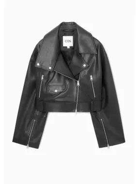 Oversized cropped leather biker jacket