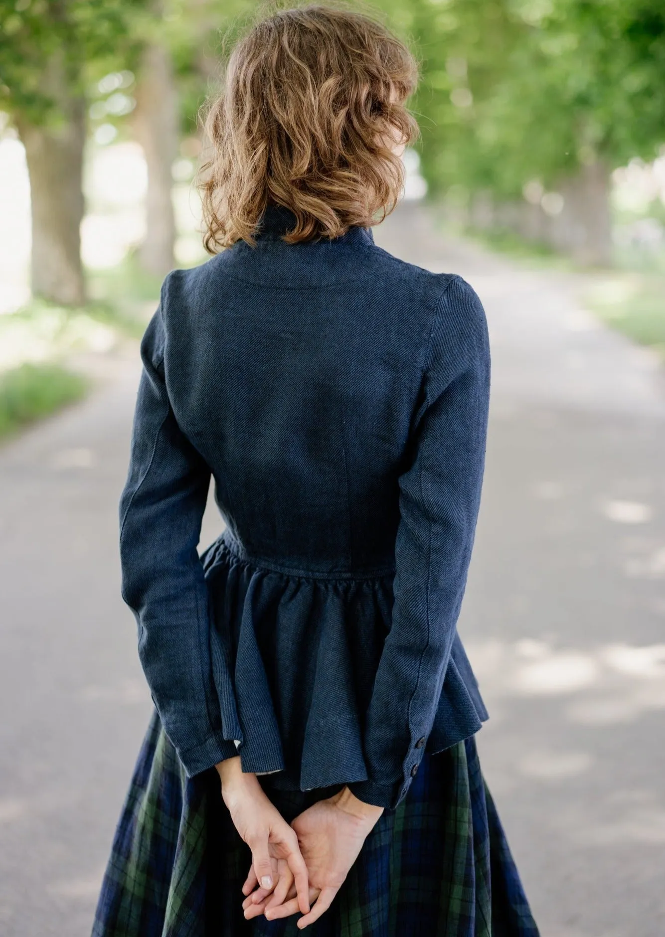 Peplum Jacket, Long Sleeve, Twill Linen, Night Navy