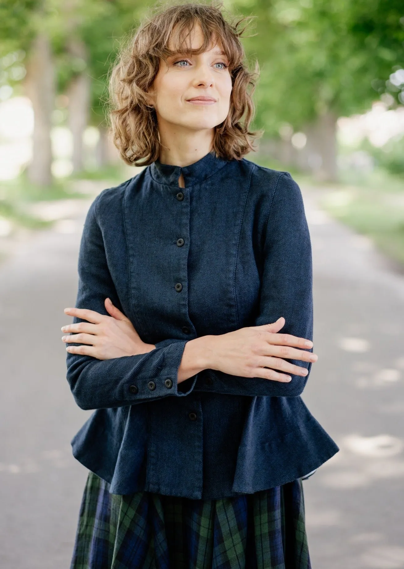 Peplum Jacket, Long Sleeve, Twill Linen, Night Navy