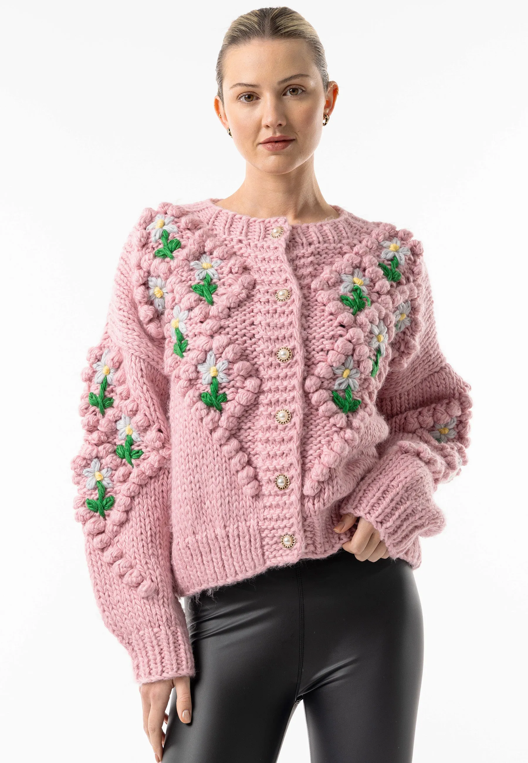 Pink Chunky Floral Knit Cardigan