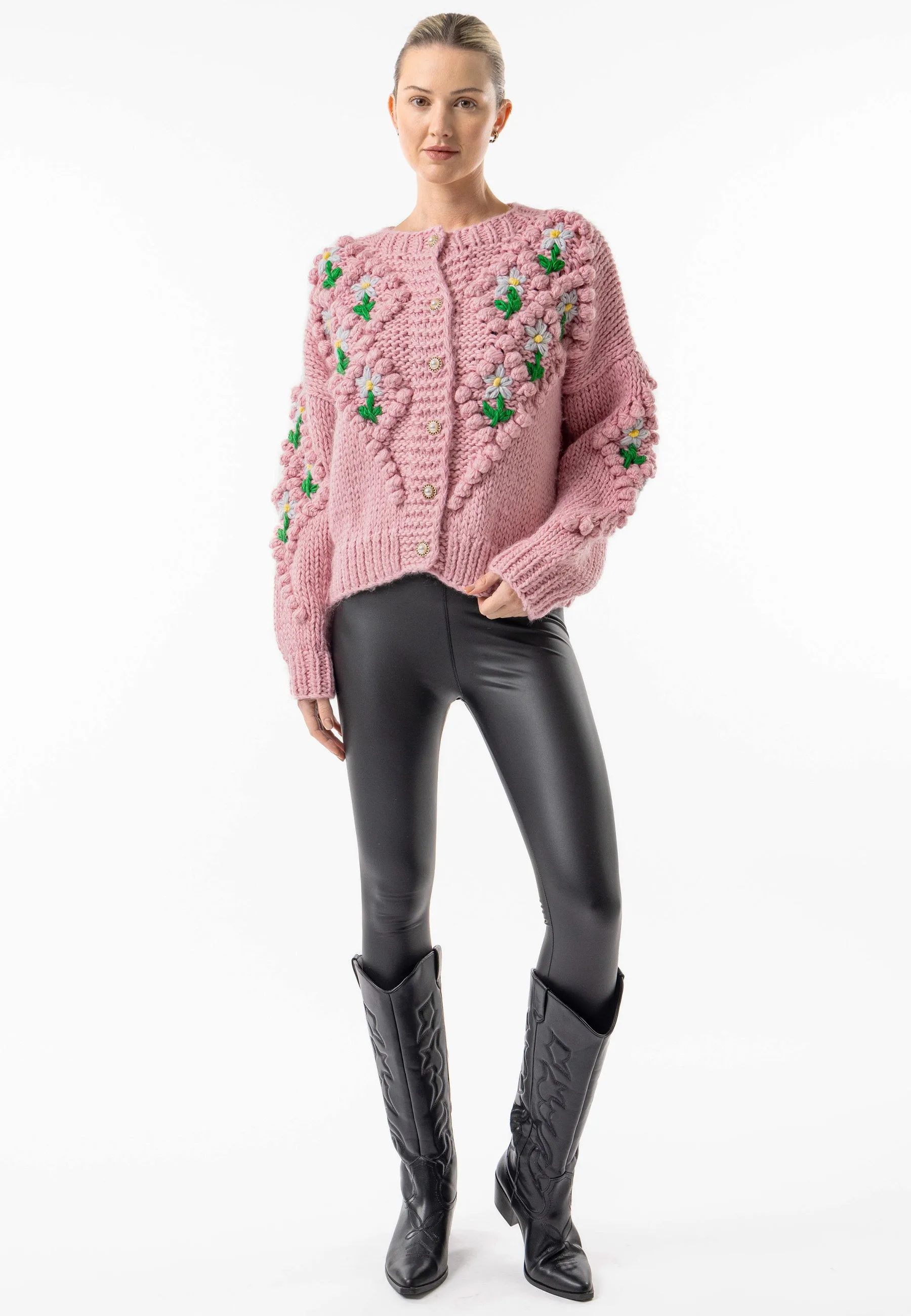 Pink Chunky Floral Knit Cardigan