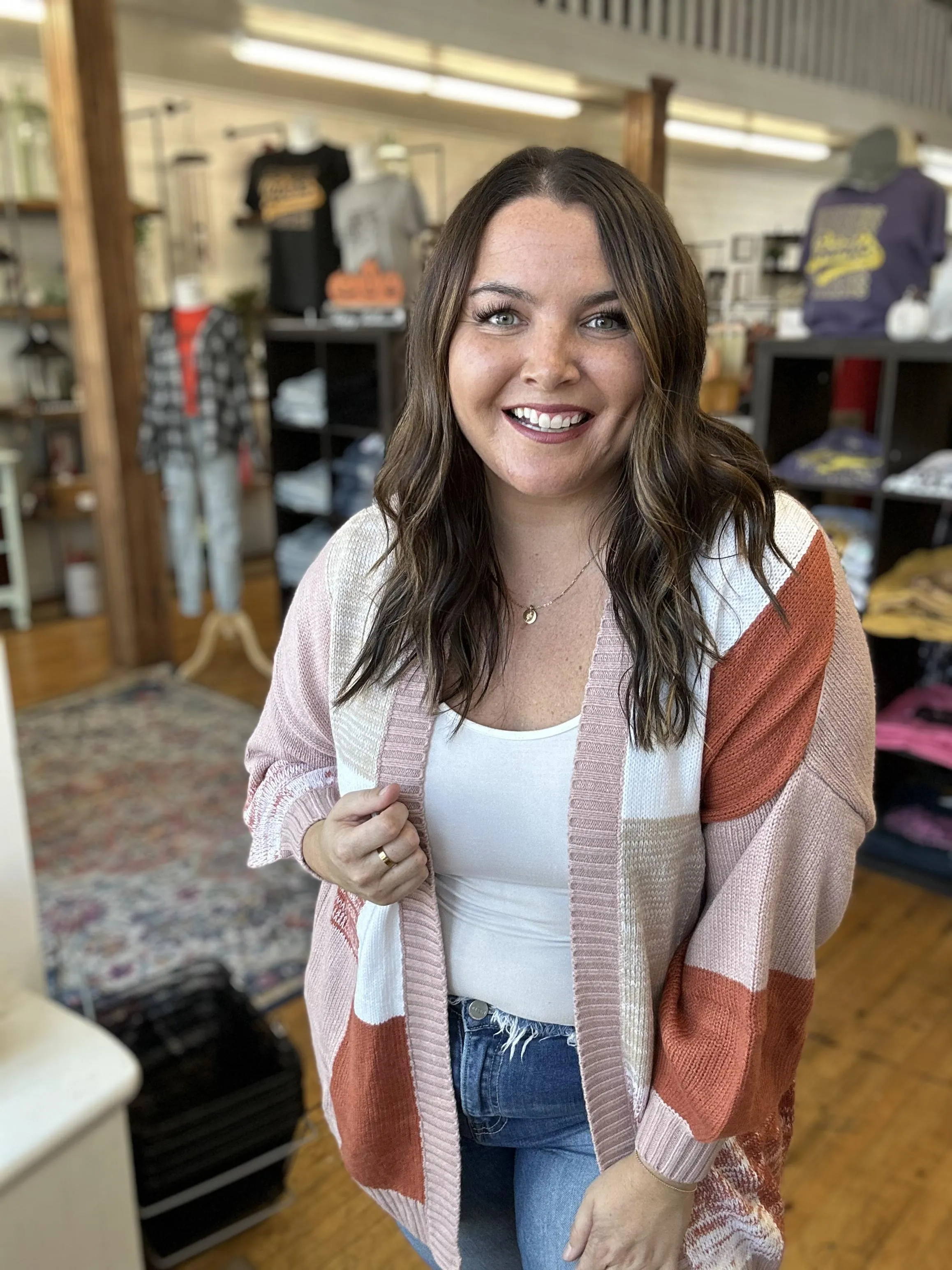 Pink, Rust, White Block Cardigan