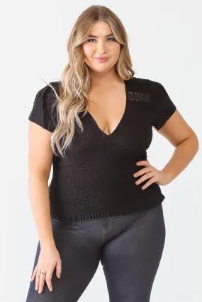 Plus Size Black Textured Ruched V-Neck Top Blouse