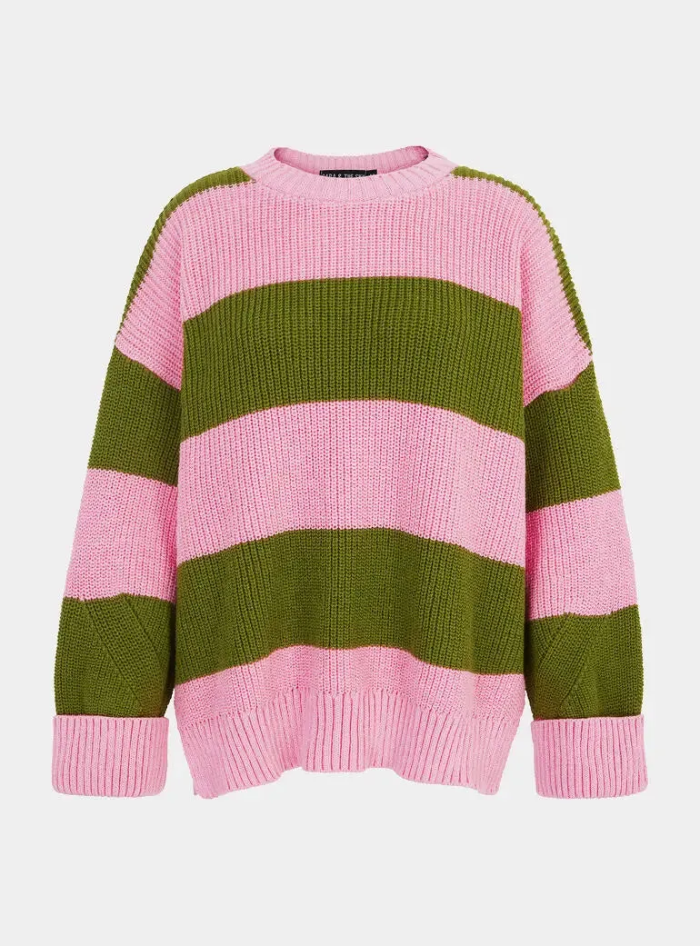 Rhiannon Recycled Cotton Mix Stripe Jumper - Pink and Green