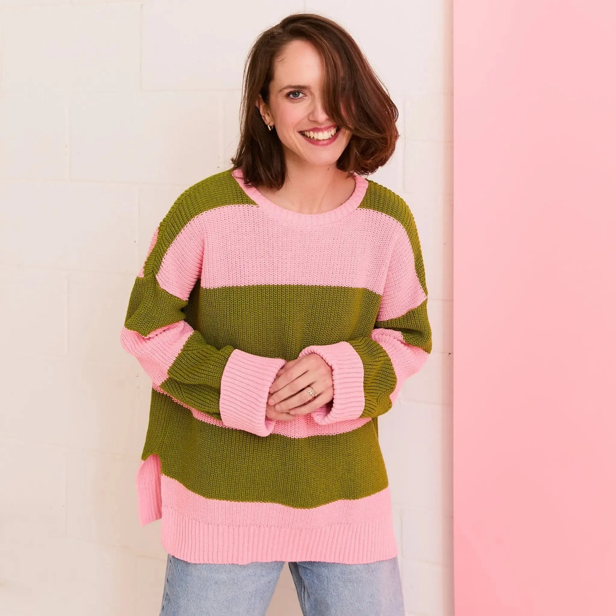 Rhiannon Recycled Cotton Mix Stripe Jumper - Pink and Green