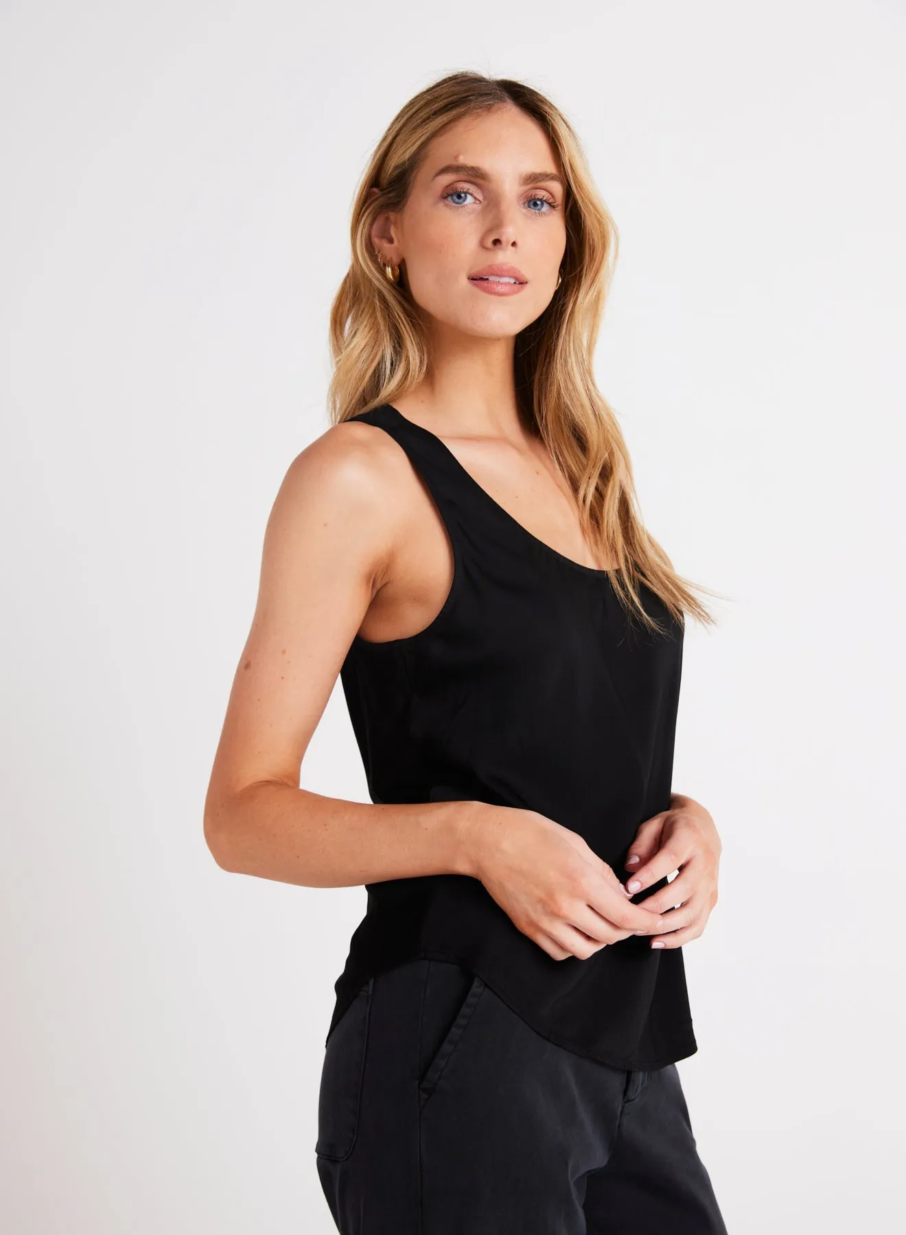 Satin Scoop Neck Tank - Black