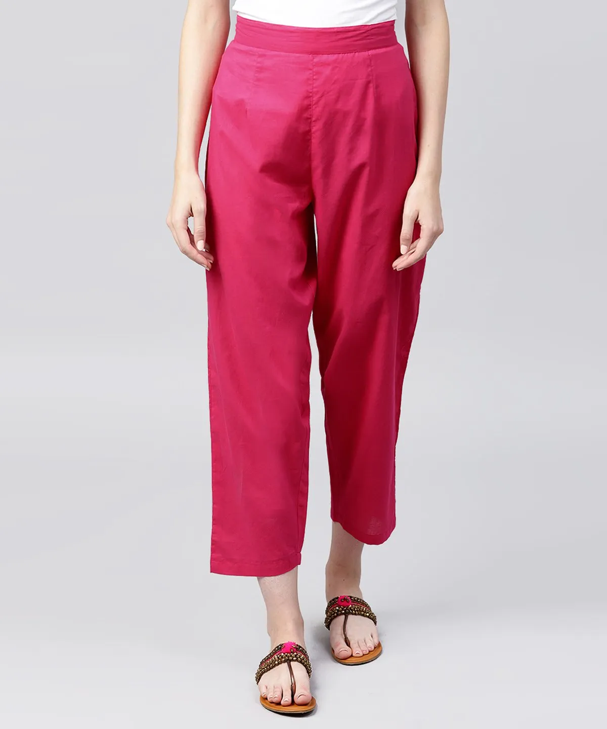 Solid Pink Ankle Length Cotton Regular Fit Trouser