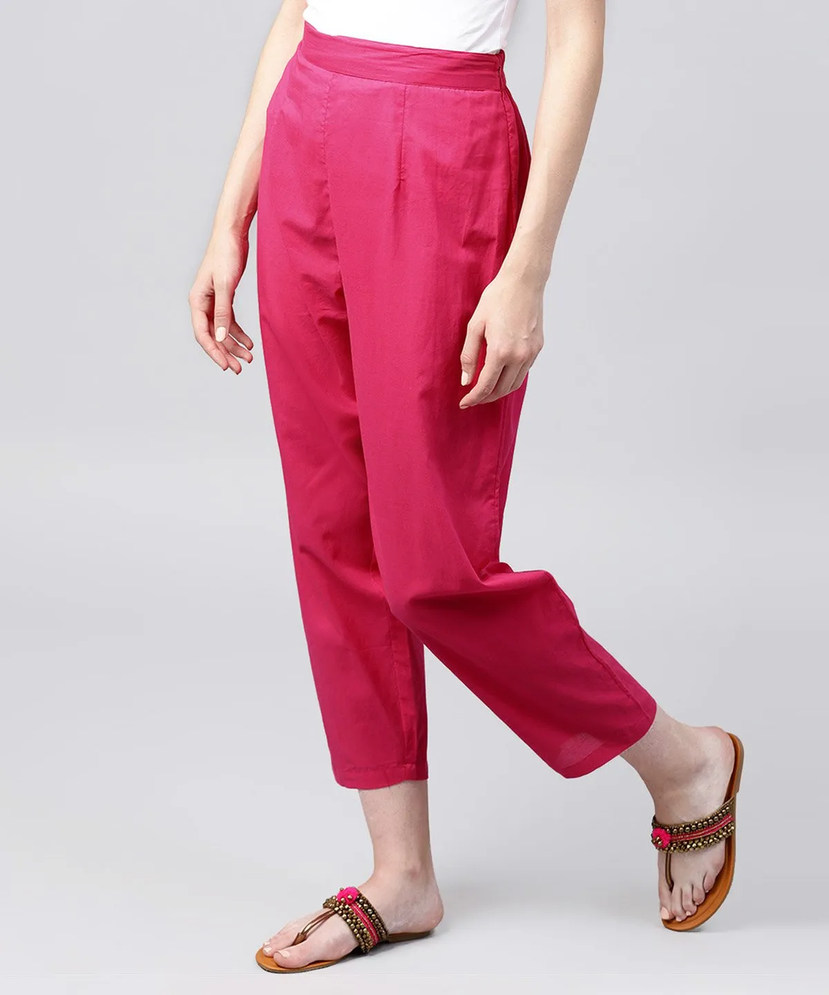 Solid Pink Ankle Length Cotton Regular Fit Trouser