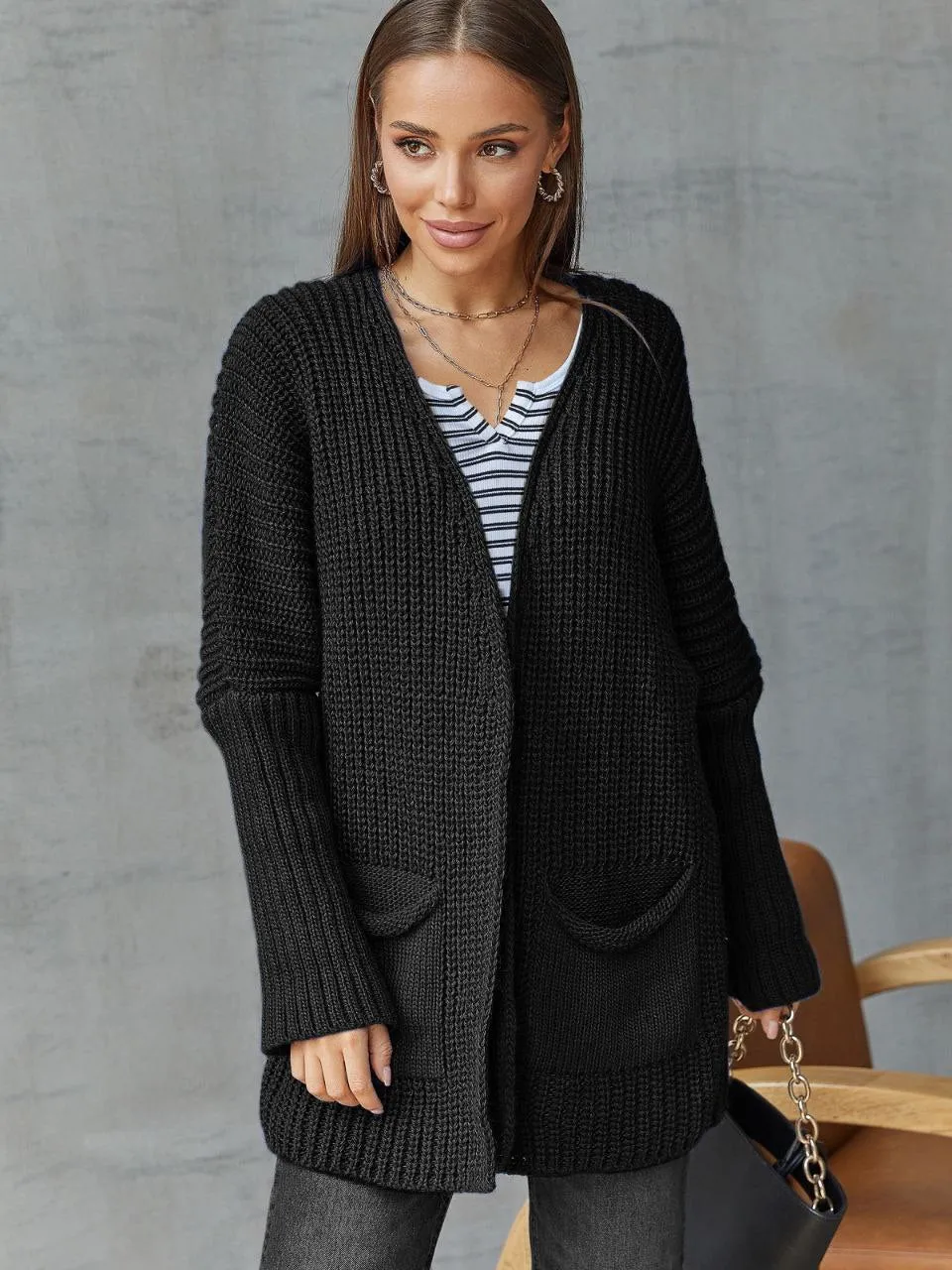 Stylish Knitted Slip On Cardigan with Pockets M-XXL