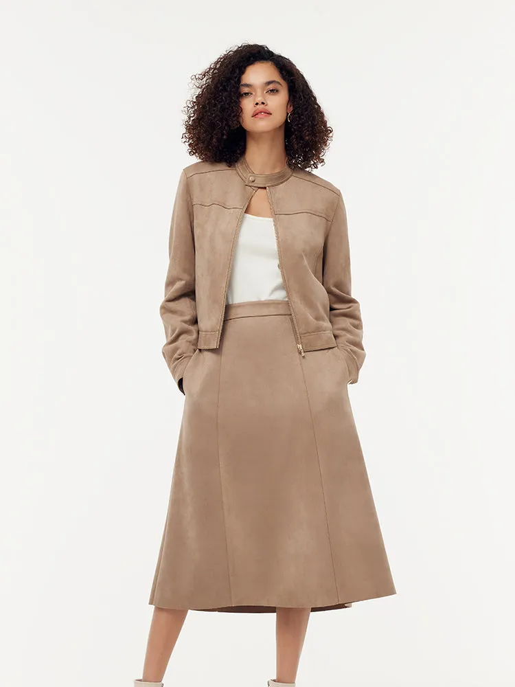 Suede Zip-Up Crop Jacket And Midi Skirt Two-Piece Set