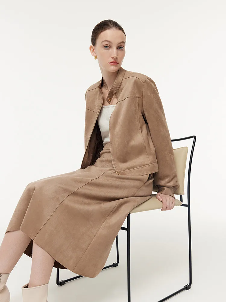 Suede Zip-Up Crop Jacket And Midi Skirt Two-Piece Set