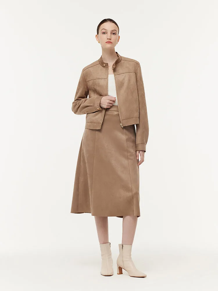 Suede Zip-Up Crop Jacket And Midi Skirt Two-Piece Set