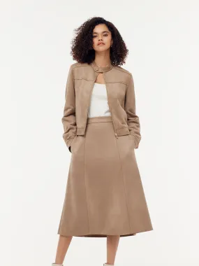 Suede Zip-Up Crop Jacket And Midi Skirt Two-Piece Set