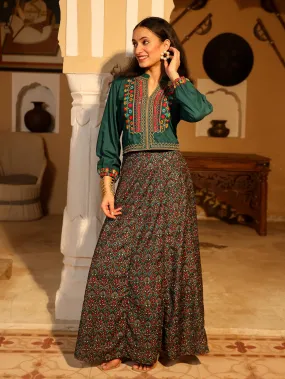 The Rekha Chitra Teal Thread Embroidered Rayon Top & Printed Skirt Set With Beads & Mirror Work