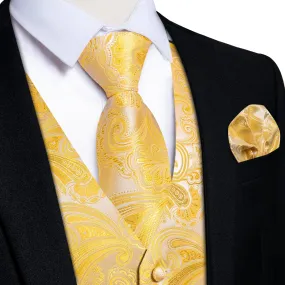 Ties2you Mens Suit Vest Butter Yellow Vest For Men Paisley Vest Tie Set