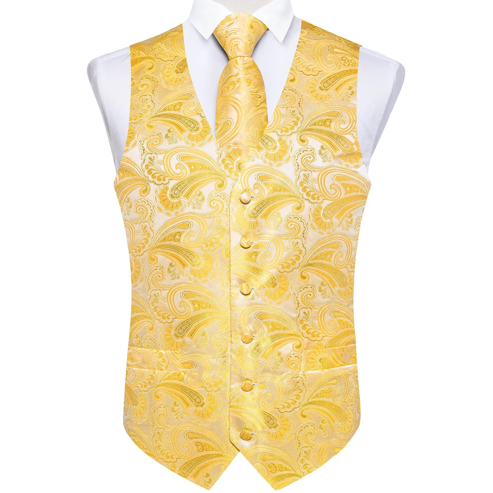 Ties2you Mens Suit Vest Butter Yellow Vest For Men Paisley Vest Tie Set