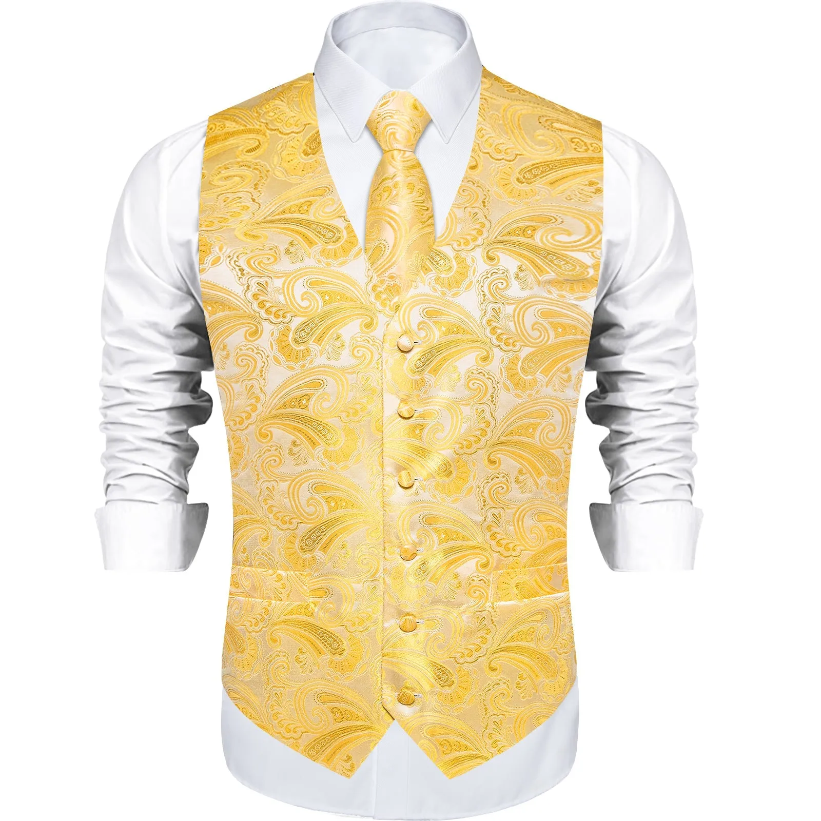 Ties2you Mens Suit Vest Butter Yellow Vest For Men Paisley Vest Tie Set