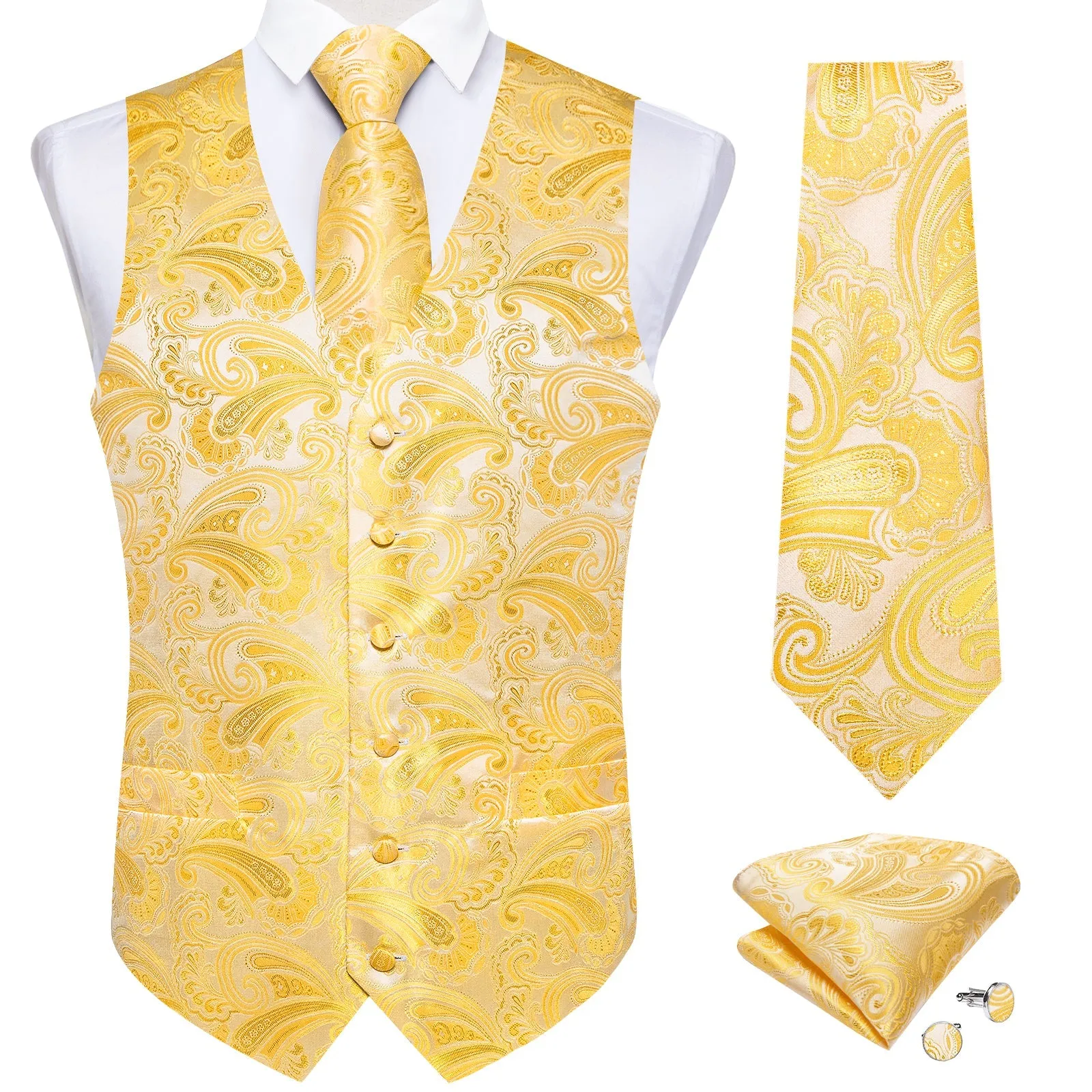 Ties2you Mens Suit Vest Butter Yellow Vest For Men Paisley Vest Tie Set