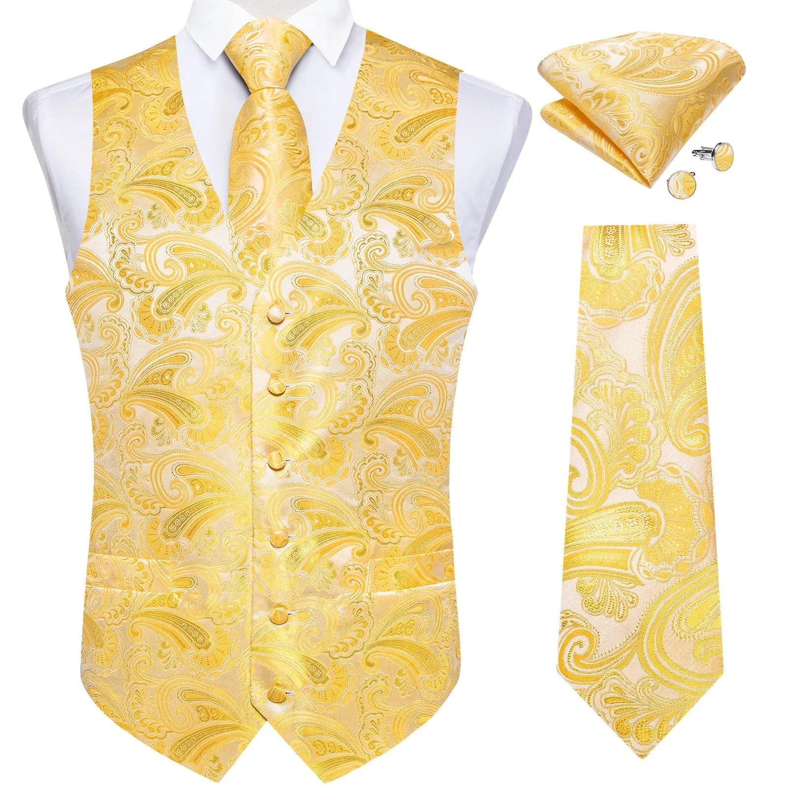 Ties2you Mens Suit Vest Butter Yellow Vest For Men Paisley Vest Tie Set