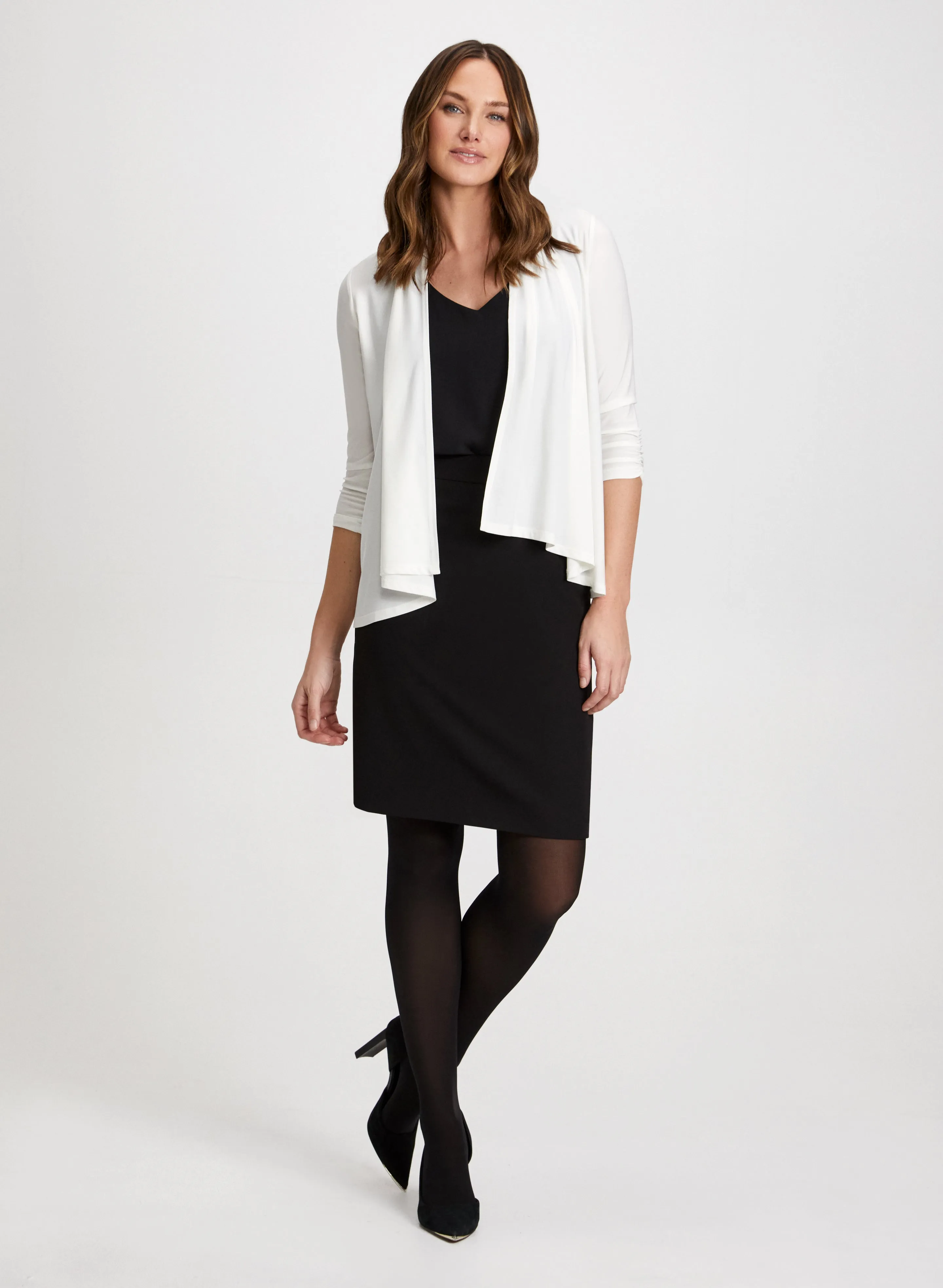 V-Neck Top with Open Front Cardigan & Pencil Skirt