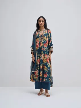 Vark Blue Floral A-Line Kurta, Pants and Dupatta Set