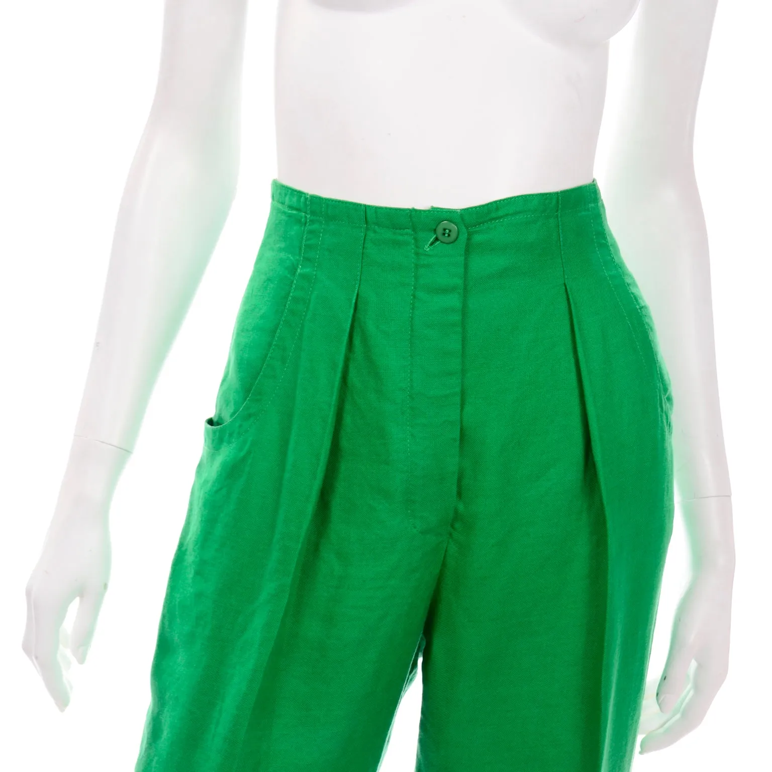 Vintage Escada Margaretha Ley Green Linen Pantsuit With Jeweled Cropped Jacket