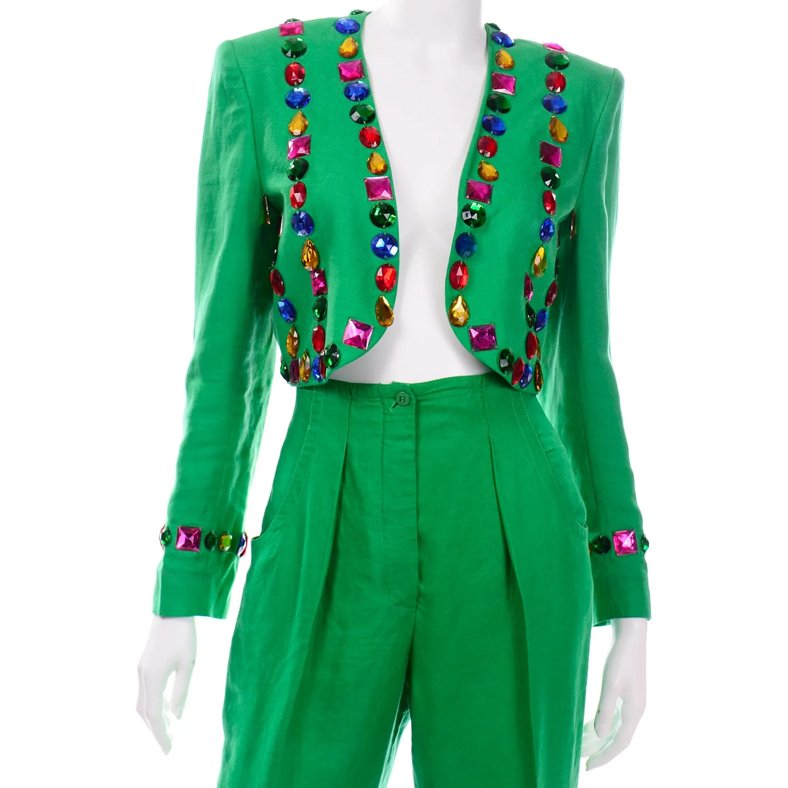 Vintage Escada Margaretha Ley Green Linen Pantsuit With Jeweled Cropped Jacket