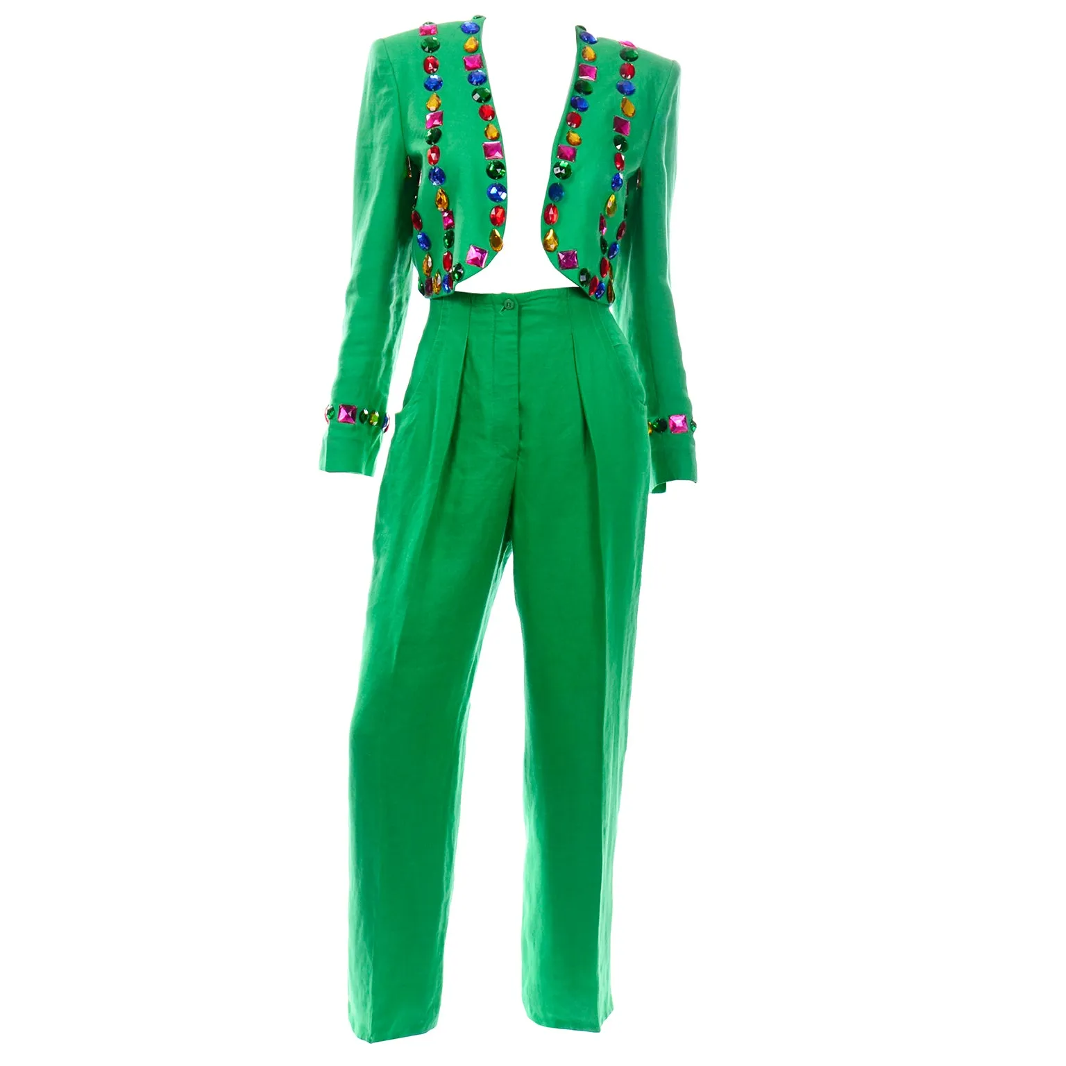 Vintage Escada Margaretha Ley Green Linen Pantsuit With Jeweled Cropped Jacket