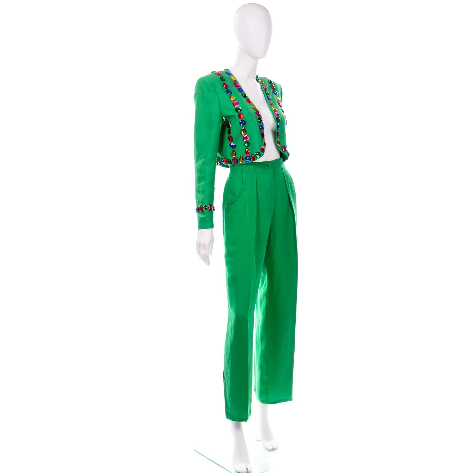 Vintage Escada Margaretha Ley Green Linen Pantsuit With Jeweled Cropped Jacket